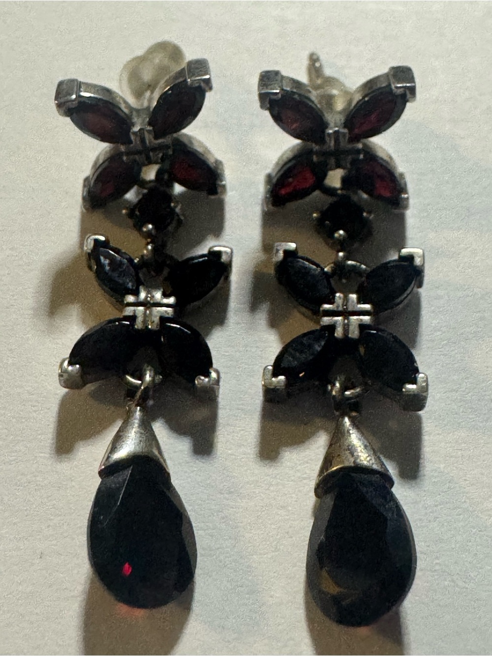 Vintage Bohemian Garnet Floral Earrings Two-Tier Flower Likely silver untested